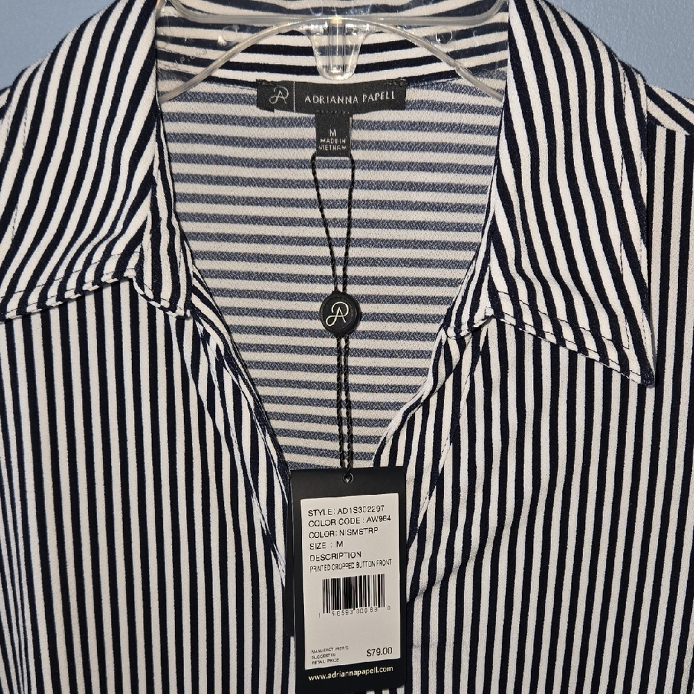 Adrianna Papell Navy and White Striped Blouse